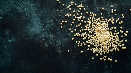 Obraz premium Amaranth seeds scattered on a dark backdrop, in soft cream tones, exuding an organic, wholesome aesthetic.