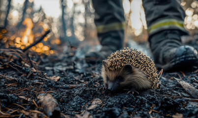 Hedgehog moves across blackened forest floor. Firefighter legs visible behind. Burned trees and small flames remain in the smoky background.