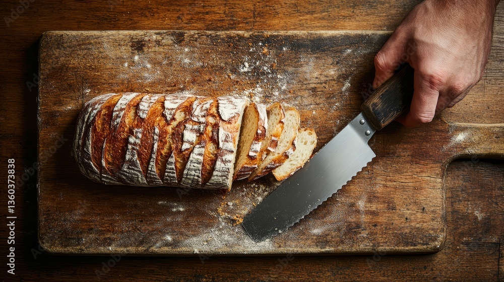 Poster slicing artisan bread reveals its rustic texture and craftsmanship. the warm wooden board offers a c