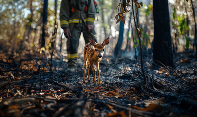 Young fawn with thin legs steps carefully on burned forest floor. Firefighter stands nearby among charred trees and fallen leaves.