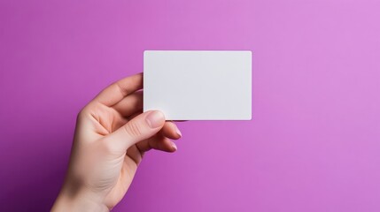 Obraz premium Hand holding blank white card on magenta background