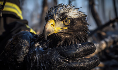 Close-up of wild eagle held in firefighter's gloved hands. Bird has wet, smoky feathers. Yellow beak in focus. Burned forest background with debris.