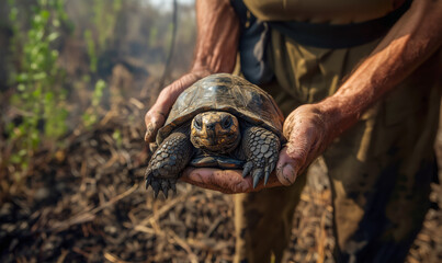 Dirty hands holding rescued tortoise in scorched forest, dry soil, charred shell, close-up of wild reptile after wildfire damage
