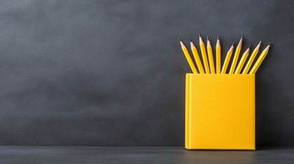 A vibrant yellow book holds numerous ened yellow pencils against a dark gray chalkboard background providing ample copy space for educational or creative concepts.