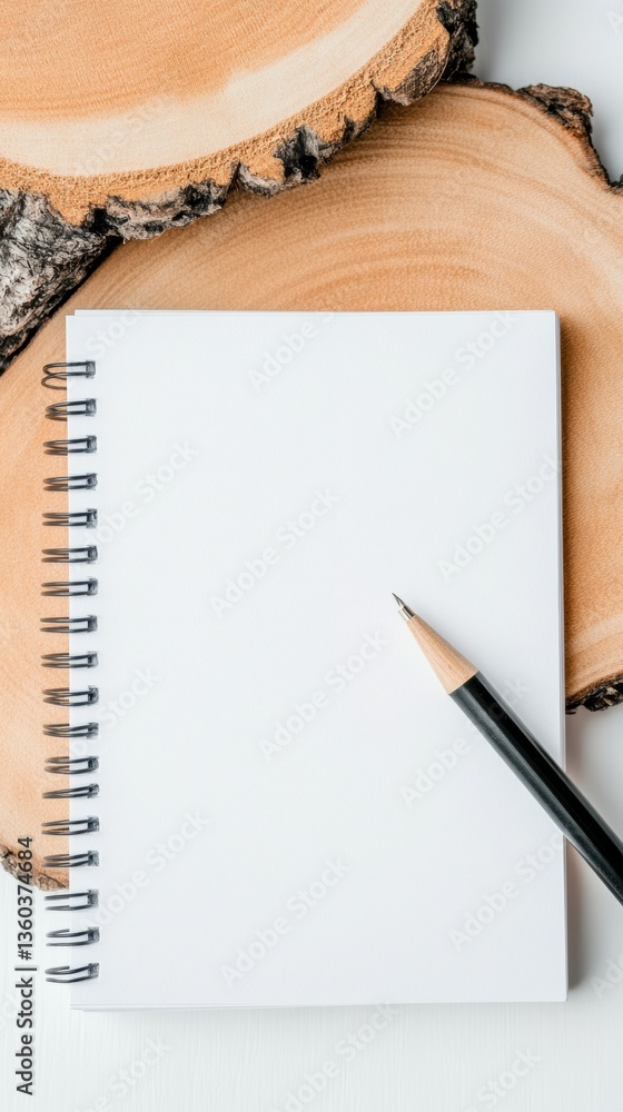 Aufkleber Mindful Productivity Essentials Minimalist Spiral Notebook and Wooden Log Backdrop - Sustainable Workspace Design for Digital Entrepreneurs and Creative Professionals