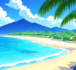  A serene watercolor illustration of a beach with palm trees, perfect for use in travel, leisure or relaxation-themed projects drawing imitation, generative ai