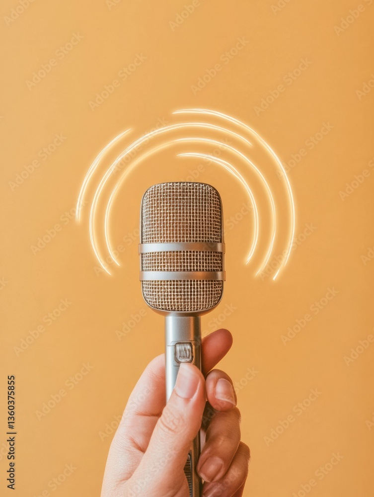Fototapete AI-Driven Sound Capture Minimalist Retro Microphone with Dynamic Wave Visualization - Next-Gen Audio Technology for Digital Content Creators and Podcasting Innovation