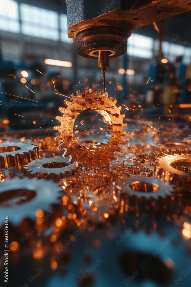 Fototapete Precision Engineering Unleashed Metallic Gear Machining with Cinematic Spark Dynamics - Industrial Innovation in High-Performance Manufacturing Workflow