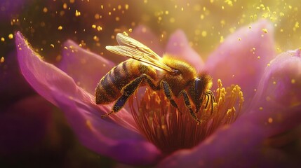 A Honeybee Collecting Pollen from a Flower A close-up image of a honeybee collecting pollen from a vibrant flower. The beeâ€™s tiny legs are dusted with yellow pollen as it moves 