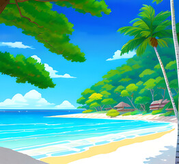 Naklejka premium A serene watercolor illustration of a beach with palm trees, perfect for use in travel, leisure or relaxation-themed projects drawing imitation, generative ai
