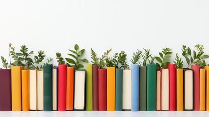 A vibrant collection of colorful books stands upright against a clean white background with lush green plants sprouting from their tops creating a beautiful and natural scene.