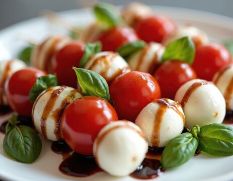 Delicious caprese skewers with mozzarella cheese tomatoes, basil leaves. Italian fresh snack for picnic, party. Vegetarian dish, culinary food art. Cherry tomatoes mozzarella balls drizzled with