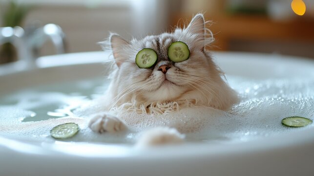 A close-up of a white cat lounging in a luxurious bubble bath, with cucumber slices on its eyes.