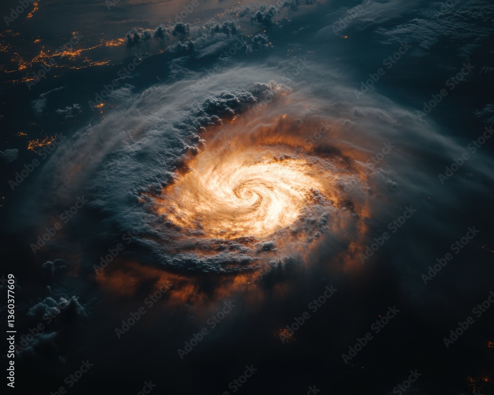 Poster apocalyptic climate crisis visualization hyper-realistic hurricane eye from space - extreme weather 