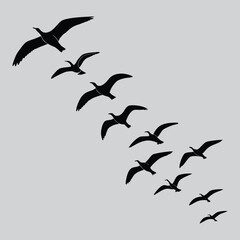 a flock of birds flying in a V-formation silhouette vector design art and illustration