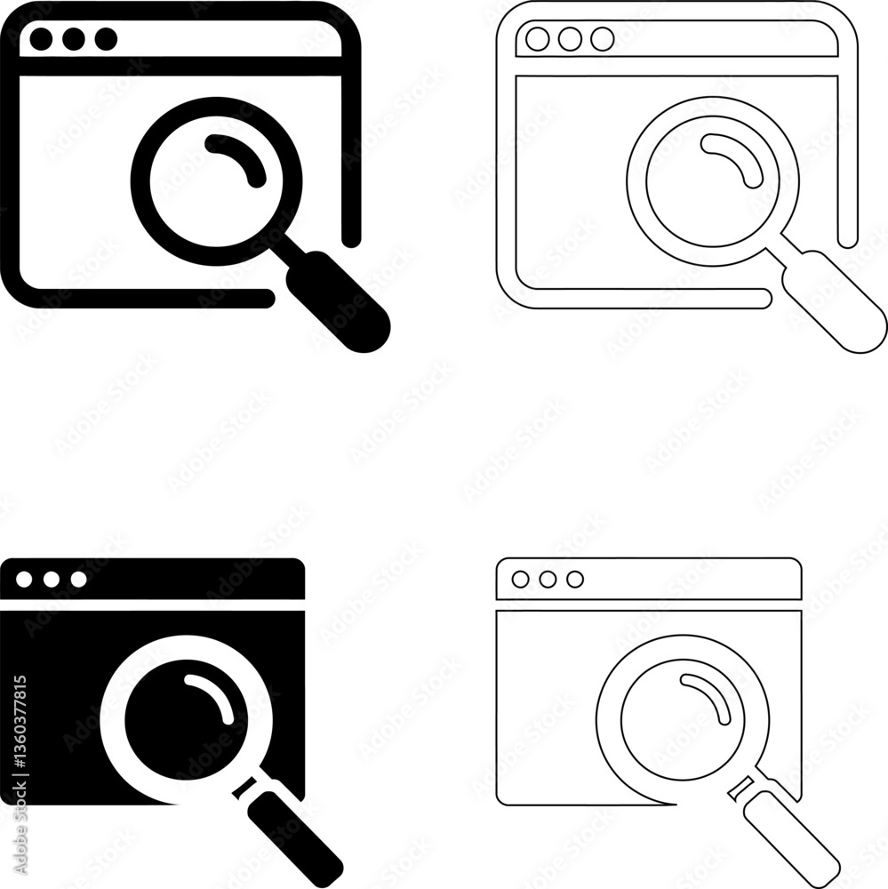 Poster search icon set browser window with magnifying glass - website search symbols black and outline - in