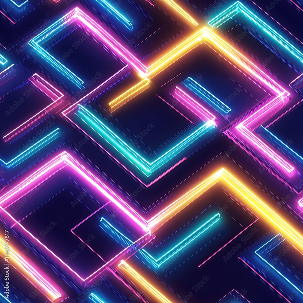 Poster neon geometries: a vibrant display of intersecting neon lines, forming an abstract pattern of lumino