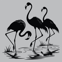 a group of flamingos standing in shallow water silhouette vector design art and illustration
