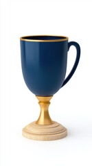 Fototapeta premium A dark blue trophy cup with a gold rim and base sits on a light brown wooden pedestal against a clean white background ideal for award ceremony or victory celebrations.