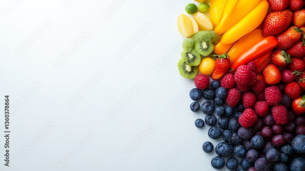 Poster A colorful spread of fresh fruits and vegetables is symmetrically arranged on a white surface, leaving ample room for additional text and marketing messages