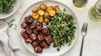 Delicious Grilled Beef Cubes with Roasted Potatoes and Mixed Greens