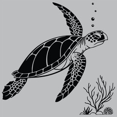 a sea turtle swimming gracefully underwater silhouette vector design art and illustration