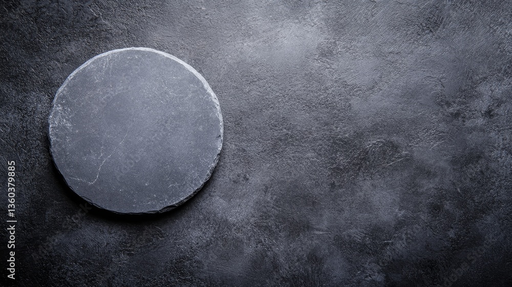 Poster gray table positioned centrally against dark concrete textures creates a minimalistic and raw ambian