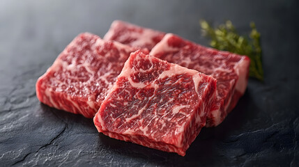 Fototapeta premium Ultra Close Macro Shot of Raw A5 Wagyu Beef Cuts on Dark Slate Background with Fresh Herbs