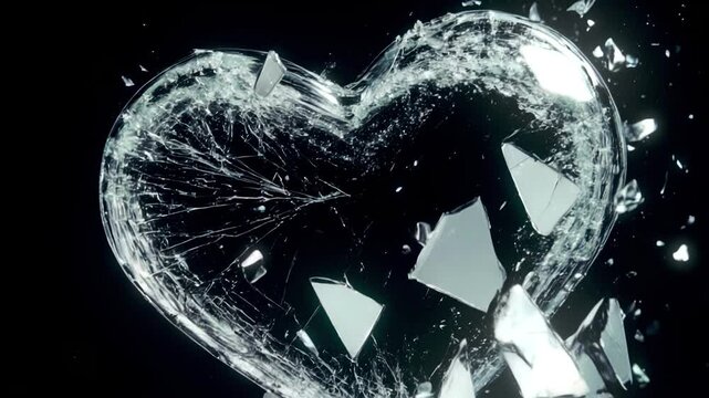 A fragile crystal heart of clear glass with a delicate luster slowly floats, surrounded by tiny shards that reflect soft light and swirl gently