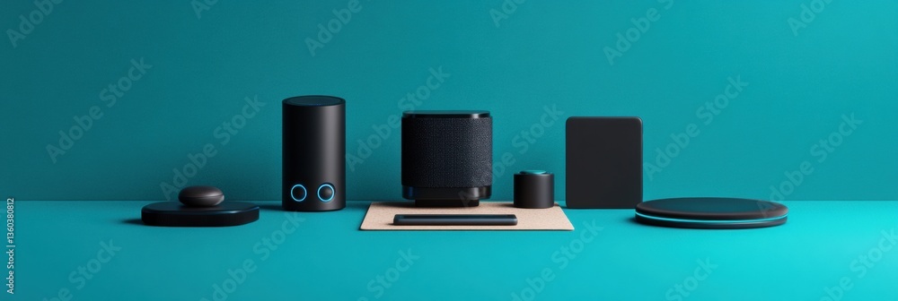 Poster minimalist hybrid workspace tech sleek black smart devices revolutionizing remote collaboration with