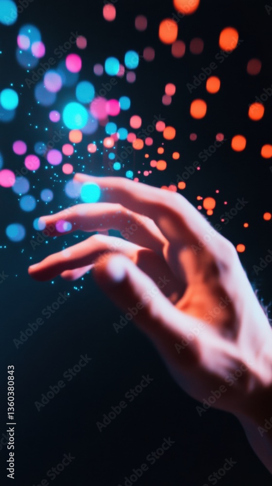 Poster Immersive Digital Interaction AI-Powered Sensory UX Design Visualizing Human-Technology Connection through Ethereal Holographic Particle Engagement