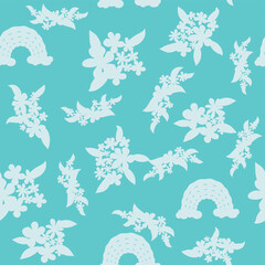 Decorative seamless vintage pattern in classic style with small flowers, ditsy. Silhouettes of flowers, Two-color ornament in pastel colors, wedding