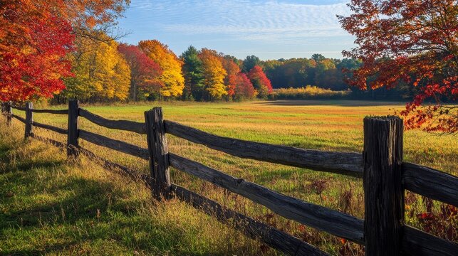 Wooden Fence and Fall Landscape A rustic wooden fence stands in front of an expansive autumn landscape, with trees bursting with shades of red, orange, and yellow. 