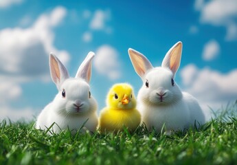 Obraz premium Adorable white rabbits and a cute yellow chick sitting together on lush green grass under a bright blue sky with fluffy white clouds