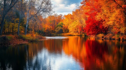 Fototapeta premium Vibrant Autumn Foliage Along a Riverbank Along a winding riverbank, trees are bursting with vibrant autumn colors of red, orange, and yellow, their reflection mirrored in the calm water 