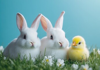 Obraz premium Adorable white rabbits beside a fluffy yellow chick on green grass with daisies under bright blue background capturing springtime joy and cuteness overload