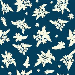 Decorative seamless vintage pattern in classic style with small flowers, ditsy. Silhouettes of flowers, Two-color ornament in pastel colors, wedding