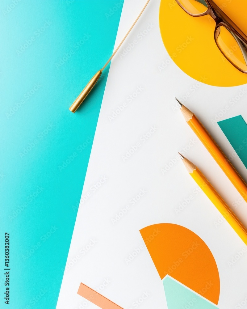 Poster minimalist financial strategy bold color-block design with pencils and glasses - dynamic workspace p