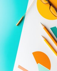 Minimalist Financial Strategy Bold Color-Block Design with Pencils and Glasses - Dynamic Workspace Productivity for Modern Professionals