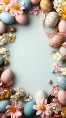 frame with flowers and Easter eggs on blue background