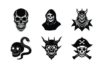 Six black and white skull designs for tattoos, logos, or apparel.