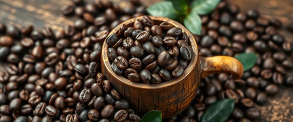 Fototapeta premium A rustic wooden cup overflowing with dark roasted coffee beans, natural, wood, table
