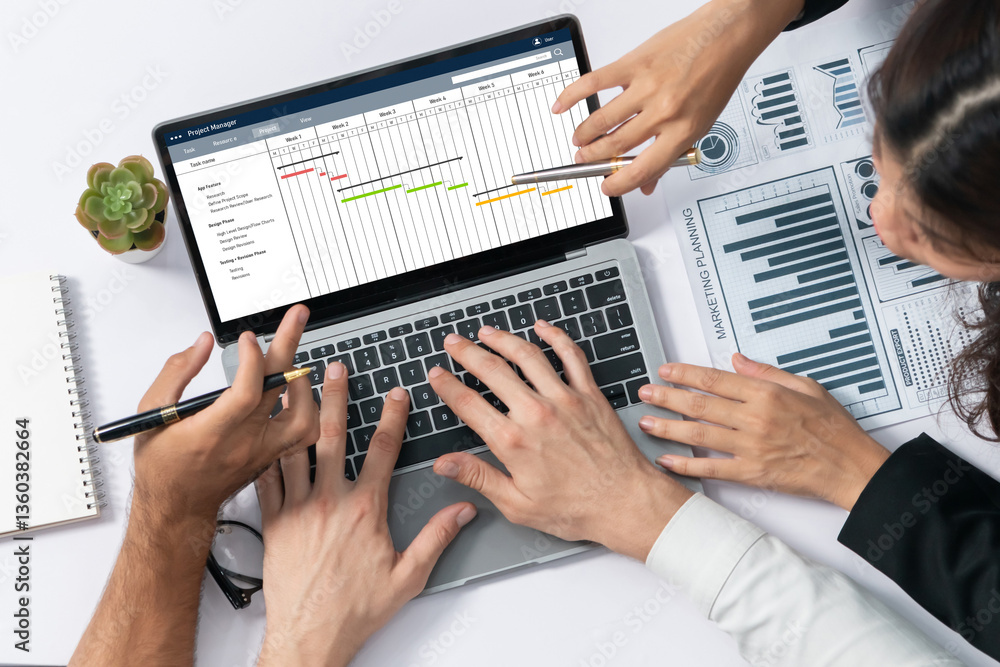 Poster project planning software for brisk business project management on the computer screen showing timel