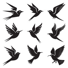 Elegant Bird Silhouettes Set  Flying Birds Vector Icons in Black on White Background
