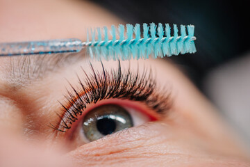 Close-up of a person’s eye with long eyelash extensions being groomed using a blue mascara wand...
