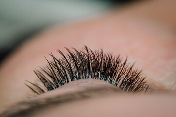Extreme close-up of a closed eye showcasing thick, dark eyelash extensions in sharp focus, highlighting individual lash details..