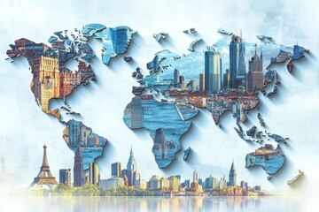 A vibrant world map filled with iconic cityscapes, symbolizing global connections, international travel, and the architectural beauty of various urban destinations across the planet.