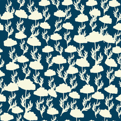 Bicolor contour silhouette seamless pattern with poppy flowers and leaves. Abstract floral spring, summer pastel pattern