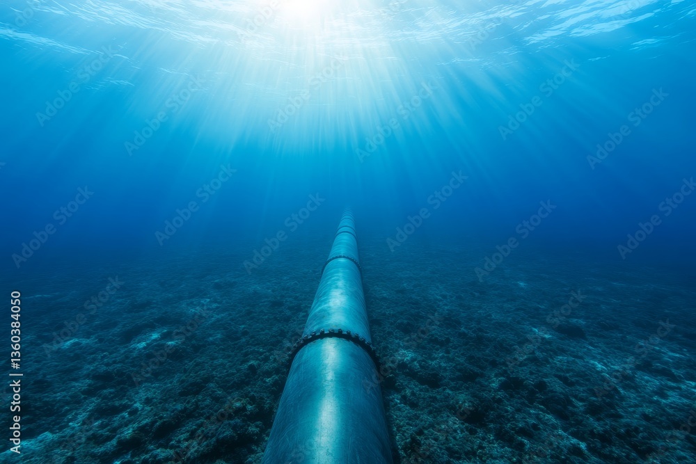 Poster underwater view of a pipeline surrounded by vibrant marine life, illuminated by soft light beams fil