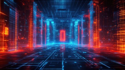 Naklejka premium Abstract technology castle with a neon cyber grid design, security firewalls represented as glowing red barriers.